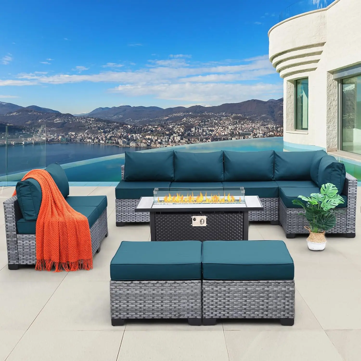 

Patio Furniture Set 10 PC All-Weather Silver Gray Wicker Sofa Sectional Couch W/Washable Cushions,60000 BTU Steel Gas Fire Pit