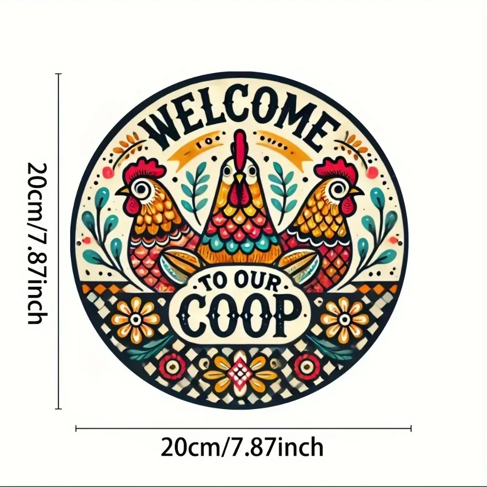 YOURBRAND Waterproof Vintage Chicken Coop Sign - 8" Round Colorful Rooster "Welcome to Our Coop" Iron Wall Decor view 2
