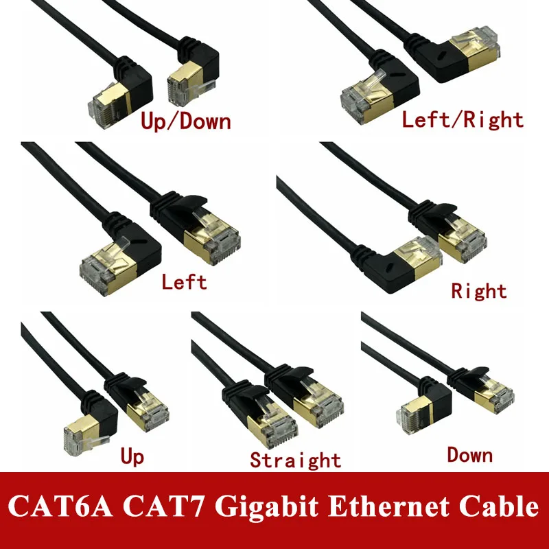 CAT7/CAT6A Gigabit Ethernet RJ45 Extension Cable 90 Degree Bend Computer Network Broadband Line with Ear Universal Wire UP Down