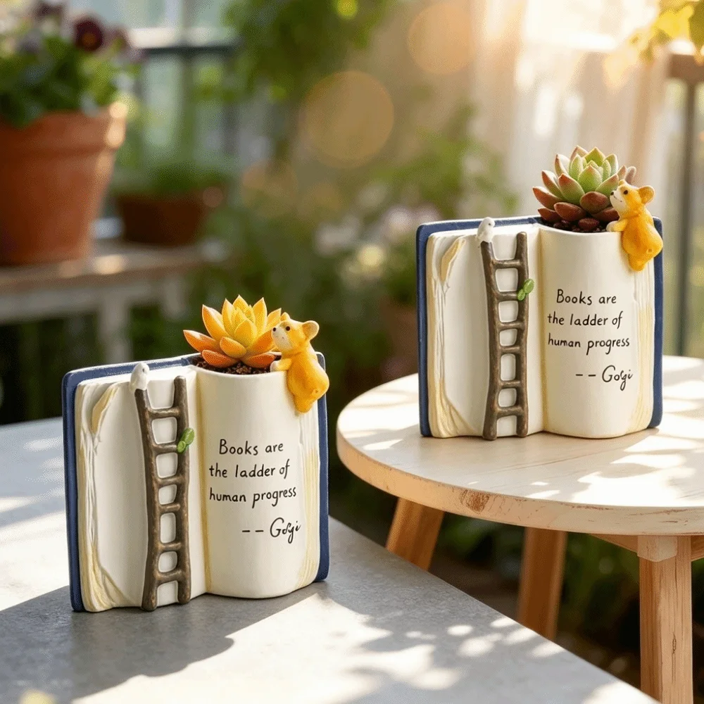Cartoon Puppy Bird Ladder Planter Polyresin Adorable Book-Shaped Planter Decorative Compact Succulent Planter Reading Room