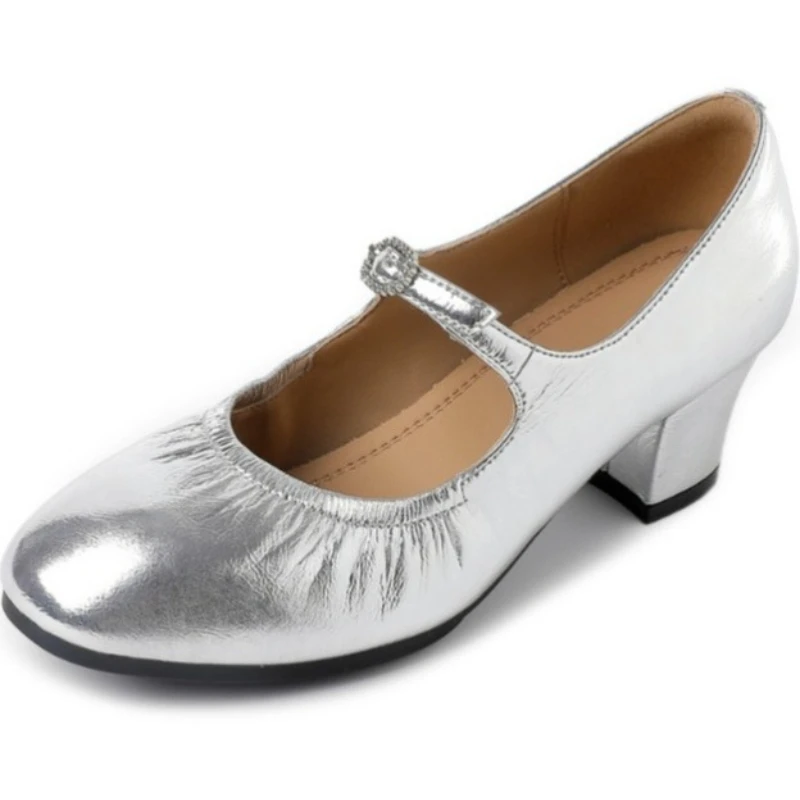 Новые женские танцевальные туфли из овчины, яркая резиновая подошва, туфли для выступлений на низком каблуке, золотистые и серебряные сценические танцевальные туфли