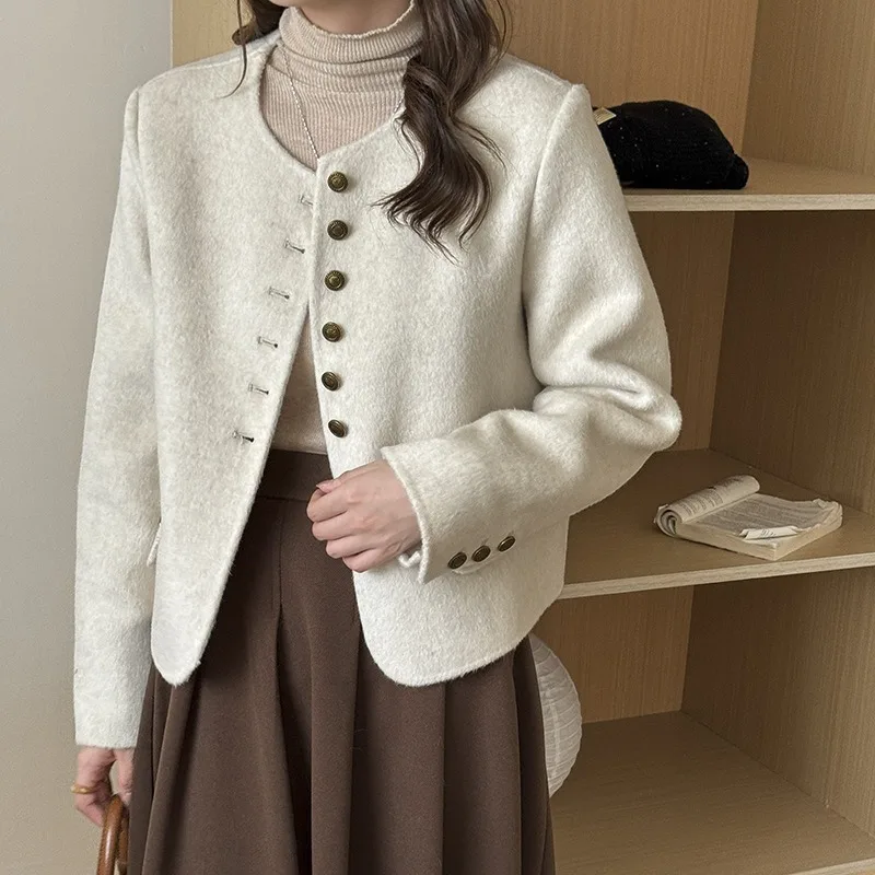

New Autumn Winter Round Neck Women Wool Coat Short Style Thick Warm Solid Color Leisure Fashion Women Woolen Coat