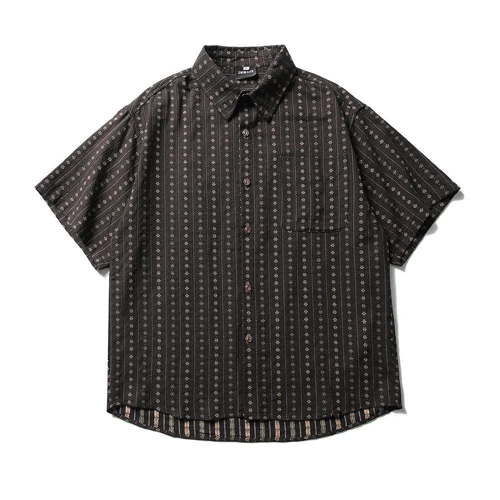 

Summer Short Sleeve Jacquard Stripe Hawaiian Flower Shirt Men's Streetwear Fashion Loose Casual Vintage Shirts Blouses