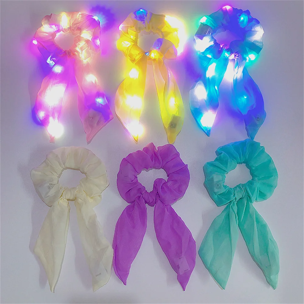 Led Rabbit Bunny Ear Bows Hair Girls Light Up Hair Ring Fun Eye-Catching Ponytail Holders Glow In The Dark Neon Party Supplies