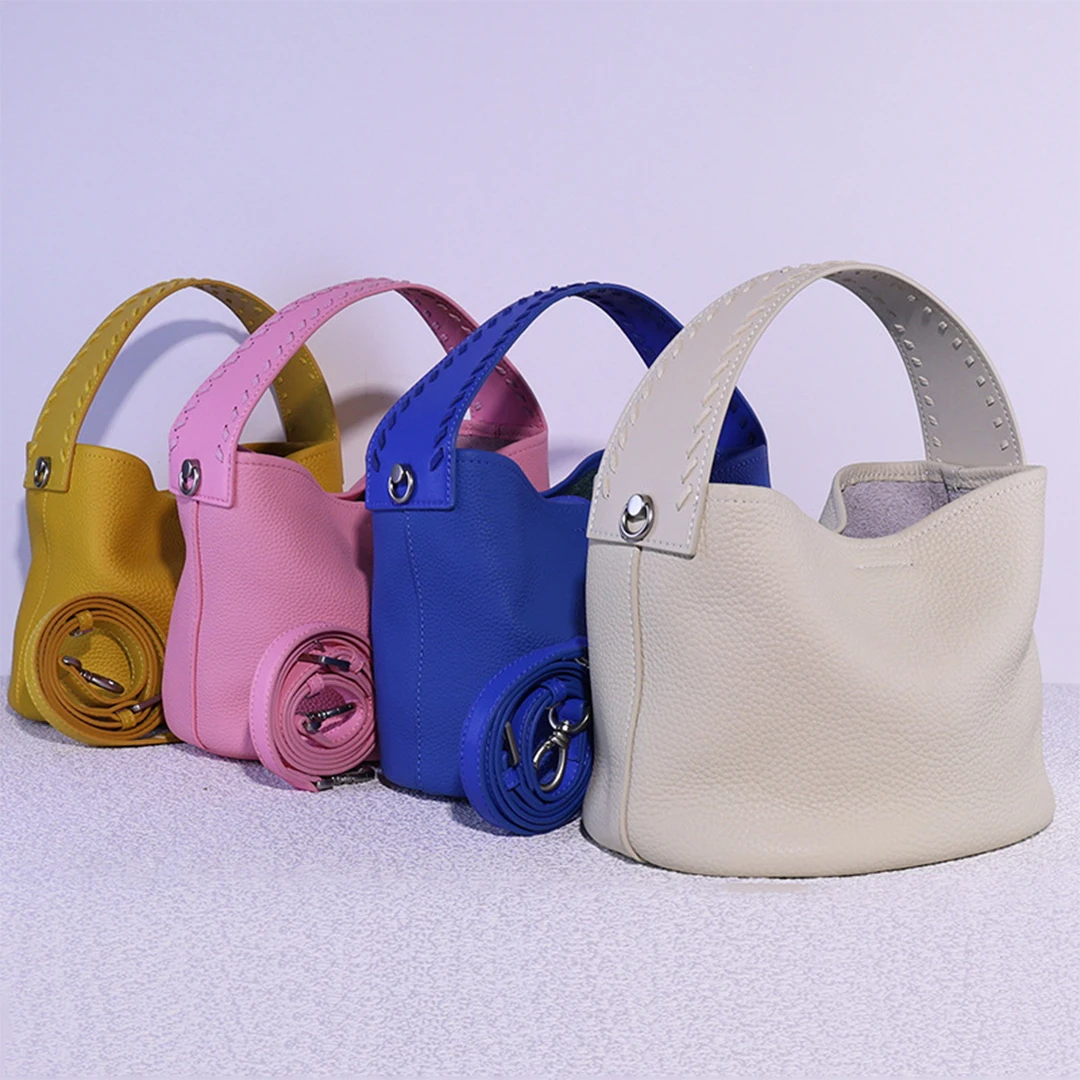 Mendy Genuine Leather Women Handbag Litchi Grain Bucket Bag Top Handle Adjustable Crossbody Shoulder Purse Luxury Designer Casua