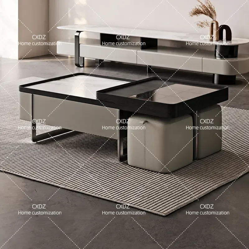 Medieval Minimalist Tech Stone Rectangular Coffee Table E0 Grade Wood Based Panel High End Light Luxury Design Full Storage