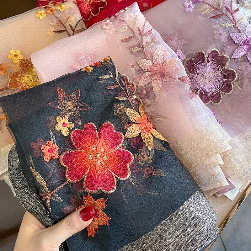 Solid Silk Women Scarf Winter Warm Wool Shawls Lady Wraps Bufanda Floral Pashmina Luxury Embroidery Warn Scarves 2023 New