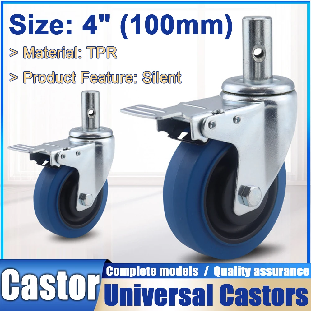 

4 Pcs 4 Inch Blue Caster Wheels TPR Mute Universal Castors Swivel Stem Wheels with M8 Insert Rod for Warehouse Trolley