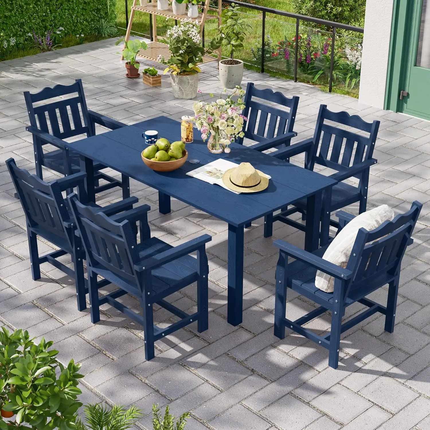 

7-Piece Outdoor Dining Set for 6, HIPS Rectangular Patio Table and 6 Chairs with Umbrella Hole, All-Weather Patio, Customized