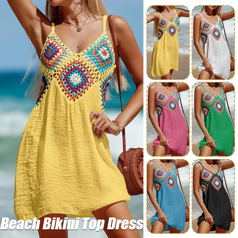 Neue Frauen Strand kleid häkeln Spleißen bunte Muster v Hals aus Beach wear hohlen Bikini vertuschen Badeanzug Sommer Tunika