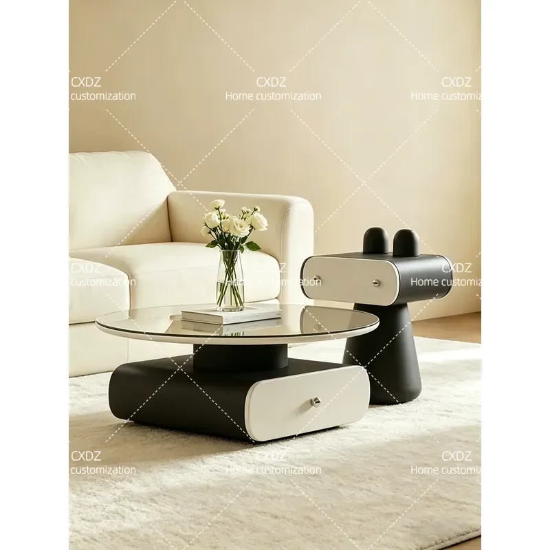 light luxury coffee table combination tempered glass medium and ancient style high-end design black and white living