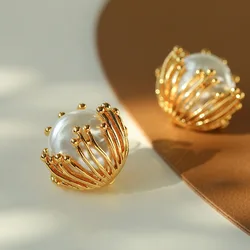 Brass With 18K Retro Faux Pearl Ball Earrings Women Jewelry Punk Party T Show Gown Runway Trendy Korean Japan Israel Style INS