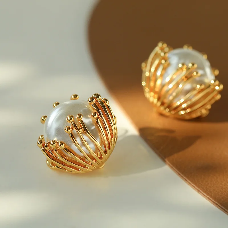 Brass With 18K Retro Faux Pearl Ball Earrings Women Jewelry Punk Party T Show Gown Runway Trendy  Korean Japan Israel  Style INS