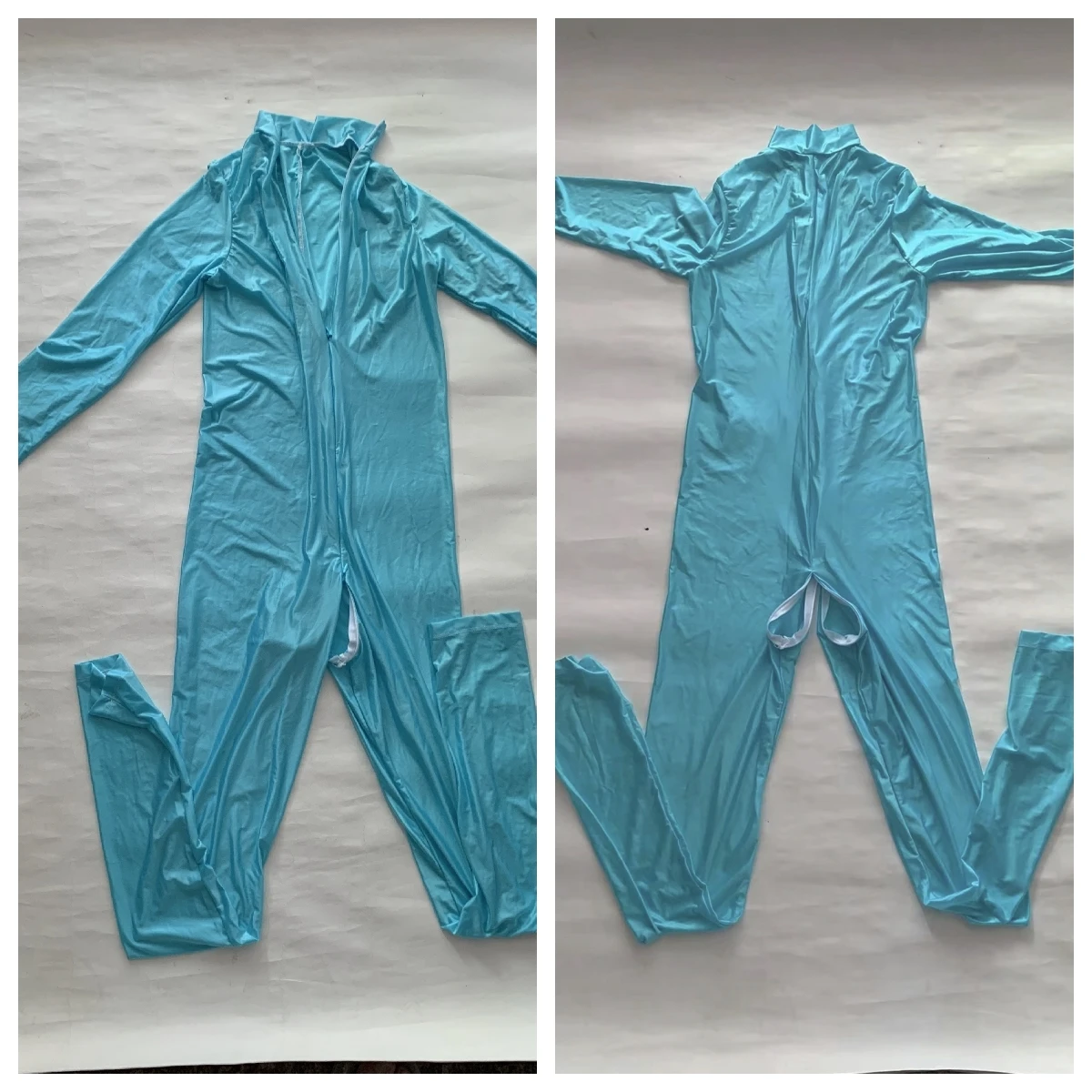 Glossy Sexy See Through Mens Shiny Jumpsuit Zentai Lingerie Long Sleeve Zipper Tight Fitness Playsuit Costume