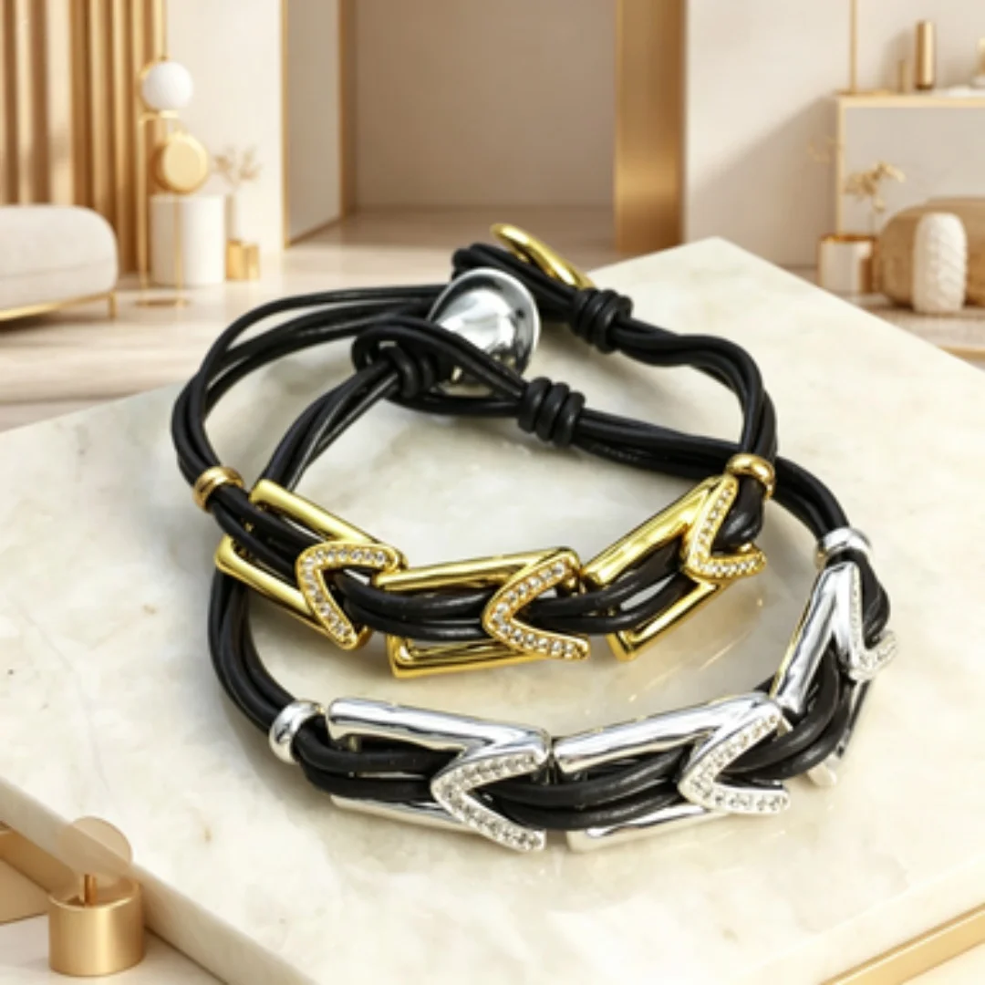 

2026 Spanish Brand Stunning High Quality Gold Silver Diamond Set Geometric Leather Rope Bracelet Women's Accessories Gift