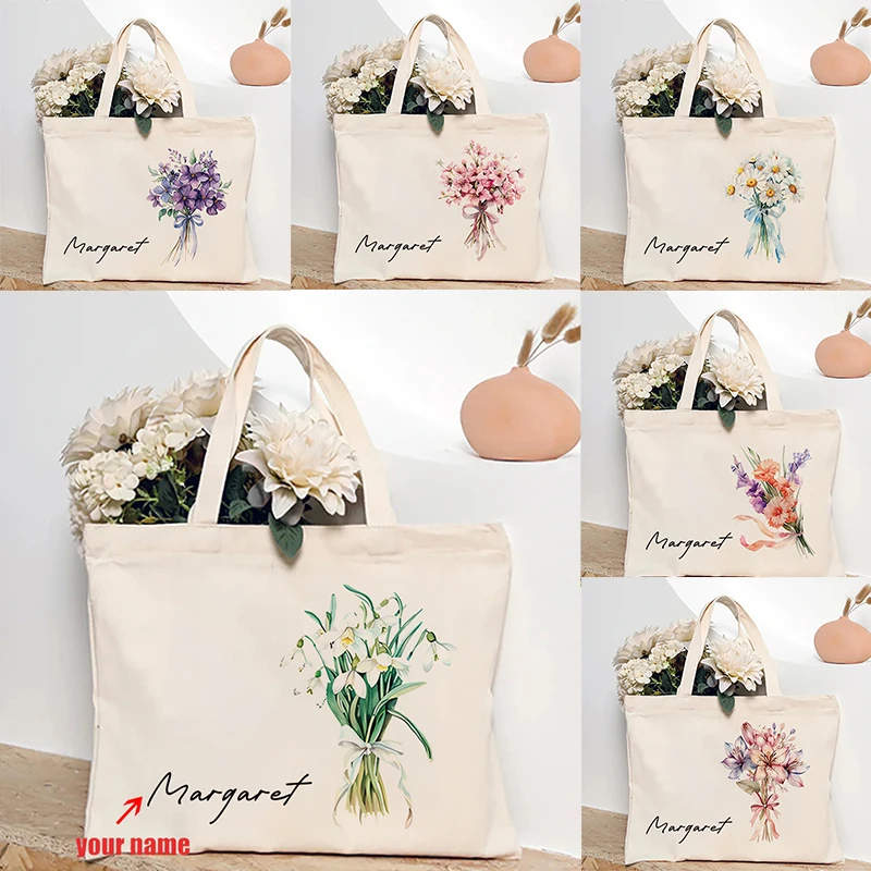 

Flower Bouquet Personalized Name Handbag Travel Storage Shoulder Bag Simple Tote Bags Birthday Customize Wedding Bridesmaid Gift