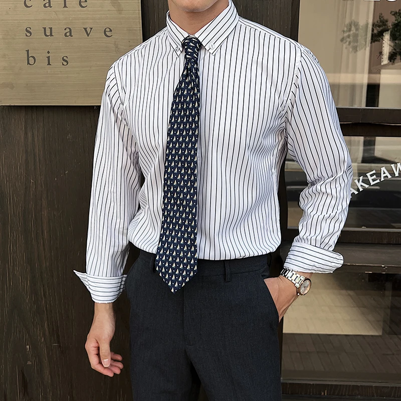 Herbst Männer Streifen Kleid Hemden männlich hohe Qualität Langarm Slim Fit Business Casual Shirts für Männer plus Größe M-5XL
