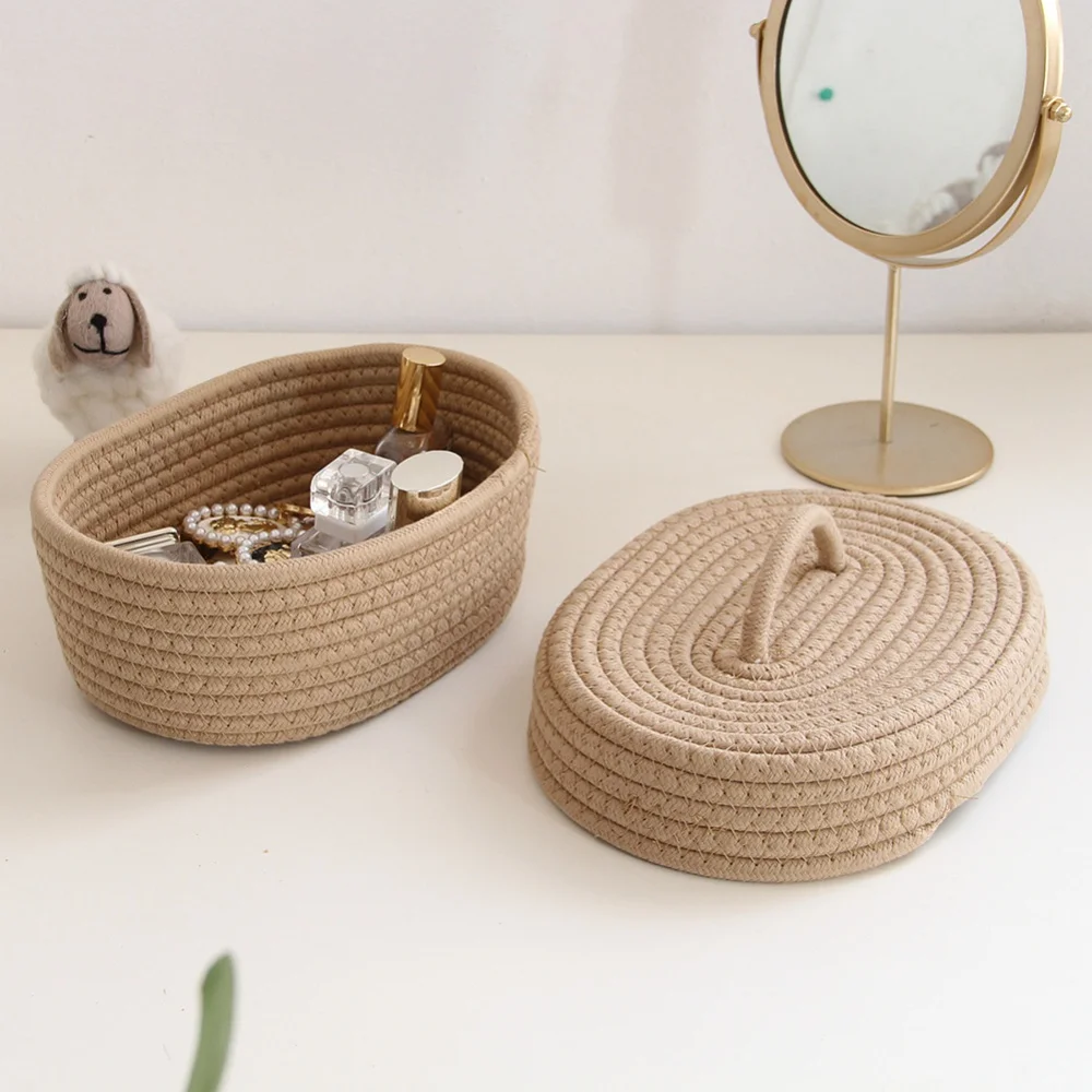 Oval Cotton Rope Woven Storage Baskets Kids Toys Boxs Desktop Sundries Organize Basket Sundries Key Cosmetics Storage