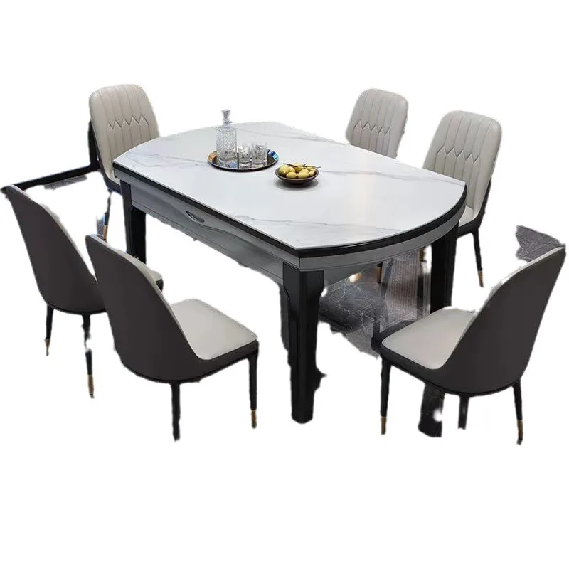 

Retractable folding slate dining table and chair combination oval with induction cooktop