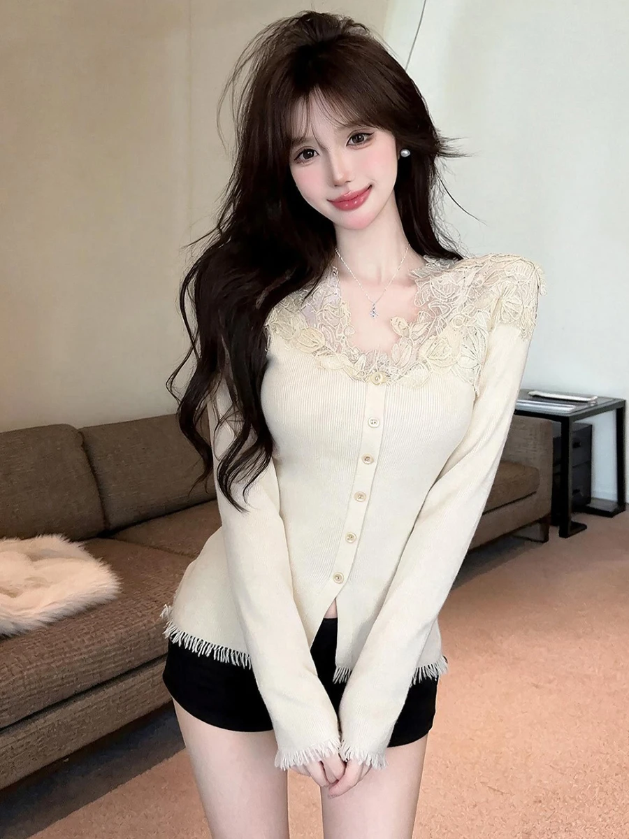 Soft Style Long Sleeve Knitted Shirt Lace Collar Patchwork Design Slim Fit Versatile Wood Grain  Turn-down Collar Top