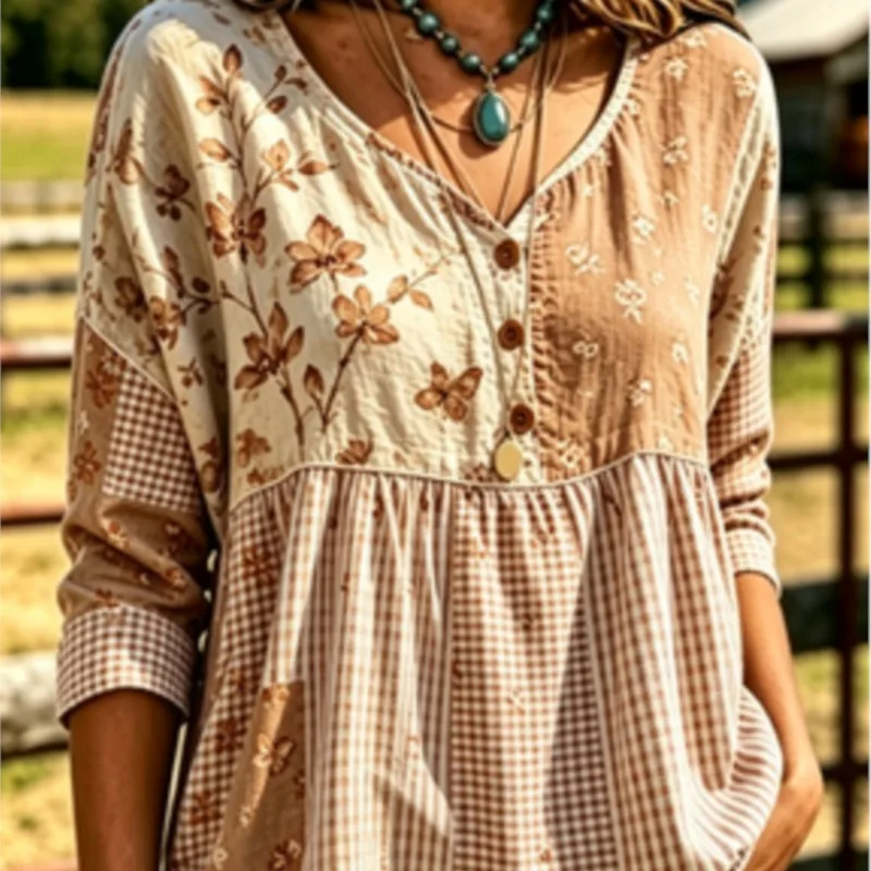 Women French Vintage Yellow Plaid Grid Print V Neck Half Button 3/4 Sleeve Peplum Blouse Loose Pastoral Babydoll Summer Top