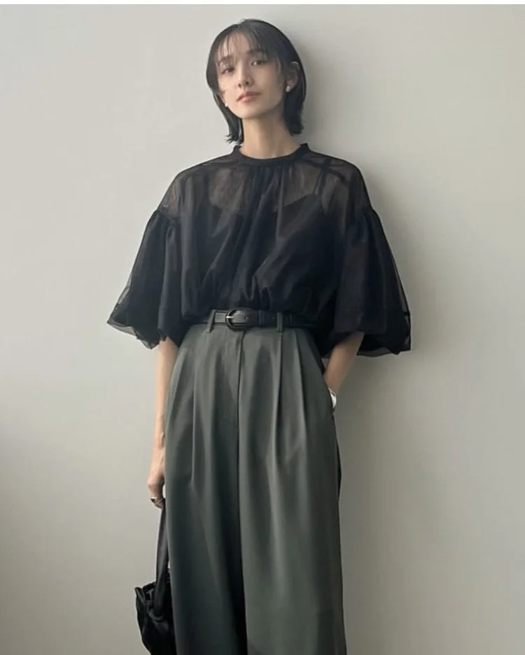 Nomikuma Japan Style Two Pieces Top Sets Women See Through Mesh Puff Sleeve Shirt + Basic Sling Vest 2023 Summer New Tops