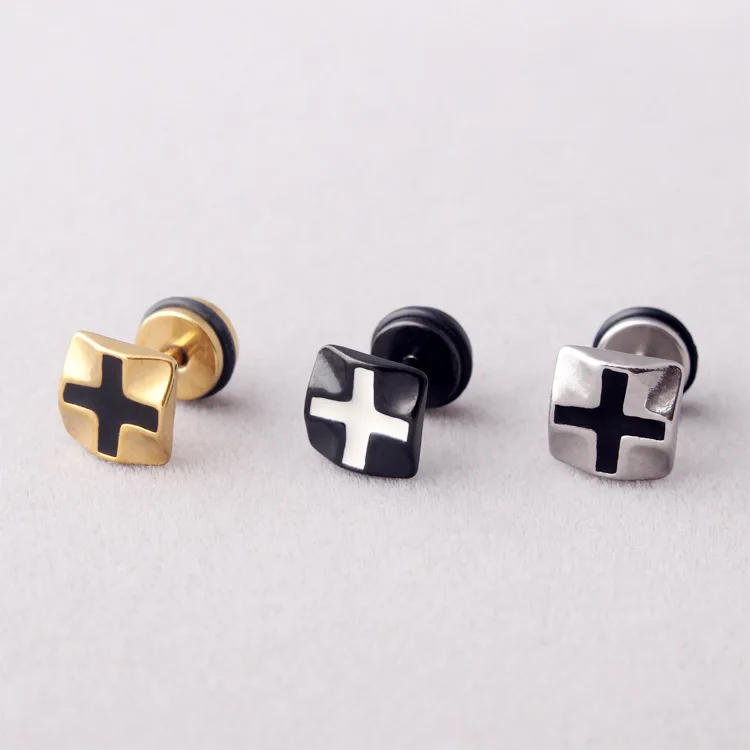 Fashion Women Men Punk Cross Retro Color Gold Black Titanium Steel Geomertic Cross Drip Oil Barbell Earrings Brincos Jewelry