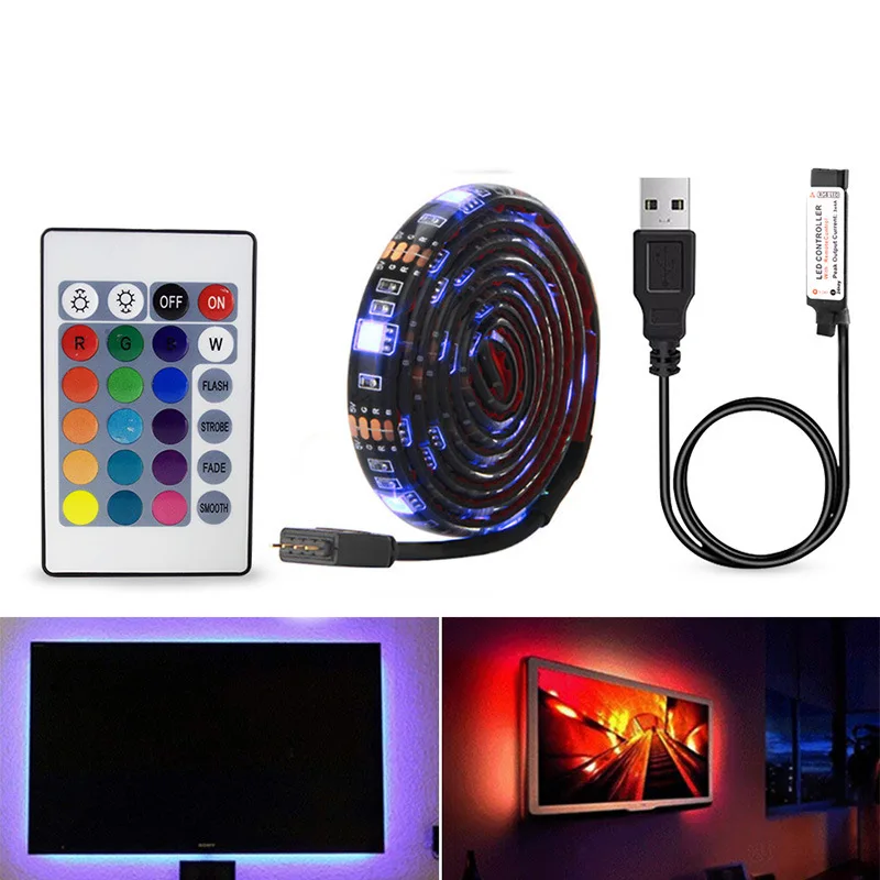 Kit de tira LED 5050 RGB 5V de baixa tensão à prova d'água com controle remoto de 24 teclas para iluminação ambiente