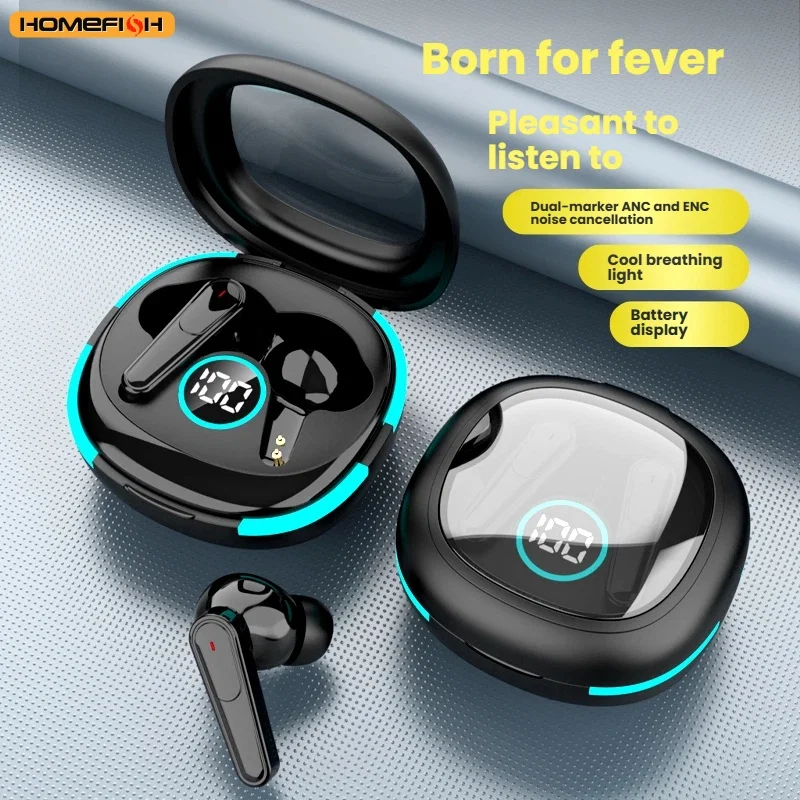 Casque sans fil Bluetooth, casque à réduction de bruit ANC et ENC, écran numérique LED, casque stéréo pour smartphone