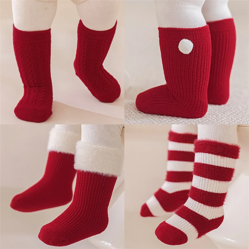 

4 Pairs Autumn Winter Baby Red Socks Fleece Thickened Newborn Children Socks Warm Mid-Tube Kids Socks For Boys And Girls