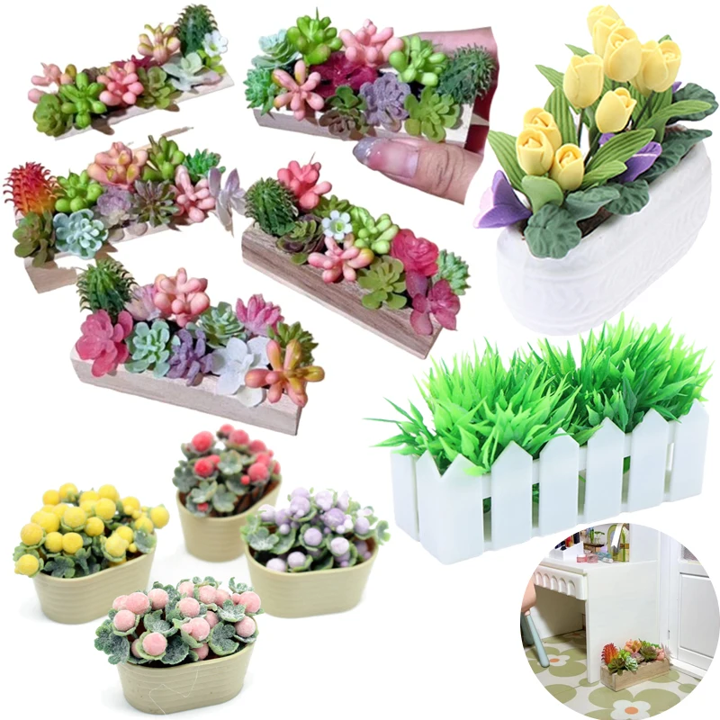 1Pcs Dollhouse Miniature  Wooden Trough Green Plant Pot Model Micro Landscape Ornaments Kids Pretend Play Toys