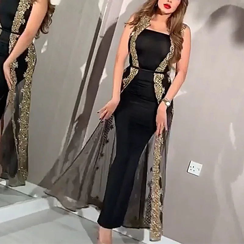 Luxury Black Yarn Shawl Women Prom Dresses Elegant Sequins Cocktail Dresses Fashion Middle East Two Piece Set Evening Dresses