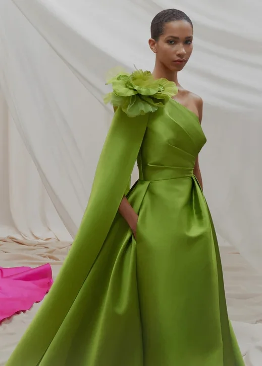 Green One Shoulder Long Prom Party Dresses with Handmade Flowers Arabic Cape Side Slit Formal Dress with Pocket فساتين السهرة