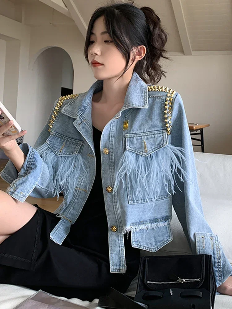 Koreanische Frauen Vintage unregelmäßige Nieten Jeans mäntel blau Langarm Einreiher Federn kurze Jeans jacke Outwear Streetwear