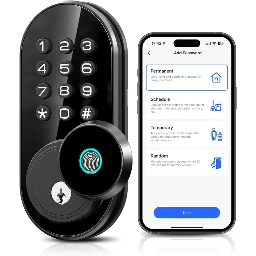 

TE342 Fingerprint Smart Keyless Entry Door Lock with Keypad, Bluetooth App Remote Control - Auto Lock