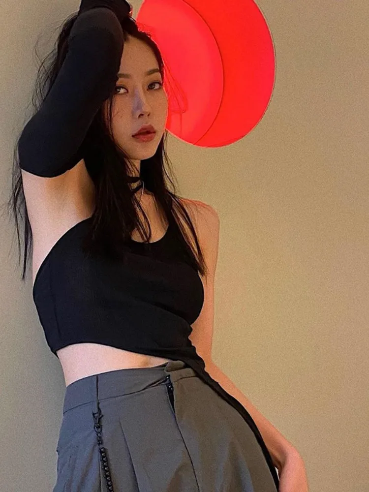 Summer New Solid Color Irregular Y2k Top Casual Lace-up Hollow Women Clothes Hanging Neck Backless Single Side Long Sleeve Tops