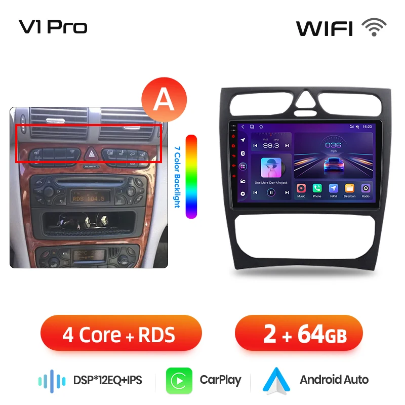 Junsun draadloze CarPlay Android Auto autoradio voor Mercedes-Benz C-Klasse (W203) / CLK-Klasse (C209/A209) 2000-2009 met ingebouwde koelventilator, Android GPS navigatie, multimediaspeler, WiFi, DSP,