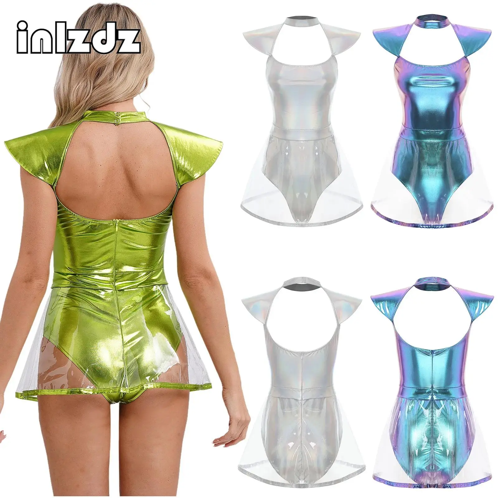 

Womens One Piece Swimsuit Space Alien Cospaly Costume Bodysuit with PVC Skirt for Halloween Carnivals Fancy Dress Performance