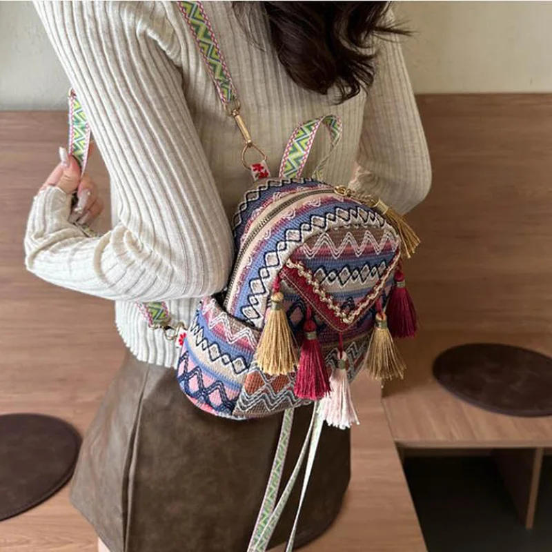 Women Backpack, Trendy Ethnic Style Colorful Woven Tasseled Handbag Large Capacity Bag