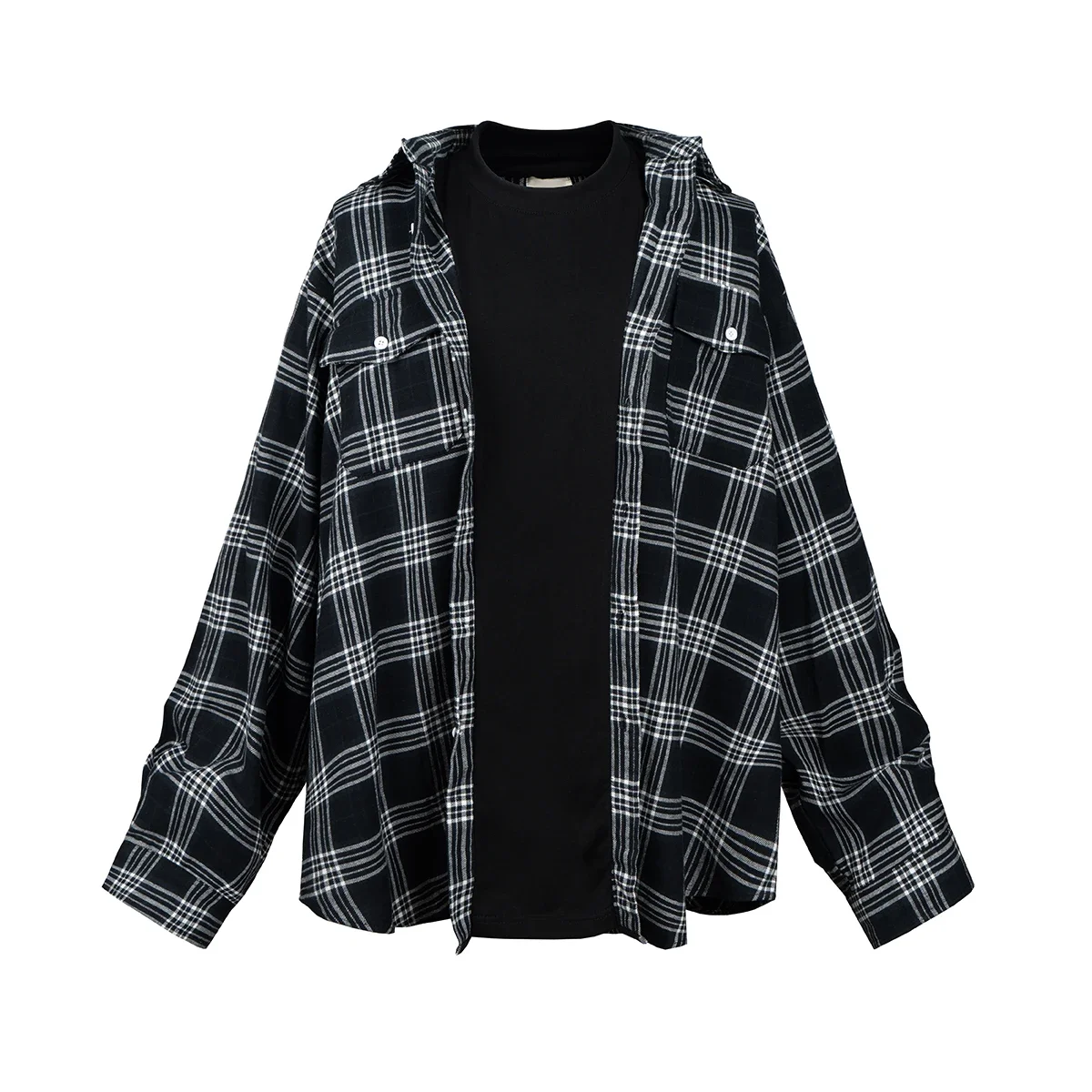 Fake Two Pieces White Black Patchwork Plaid Fall Shirt for Men Long Sleeve Baggy Casual Blouses Y2k Vintage Color Match Clothes