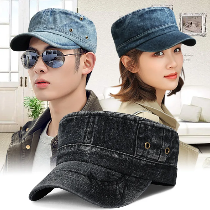 2024 New Washed Cotton Flat Hats Flat Top Cap Autumn Winter Sun Hat Unisex Classic Vintage Adjustable Thicker Denim Cambat Caps