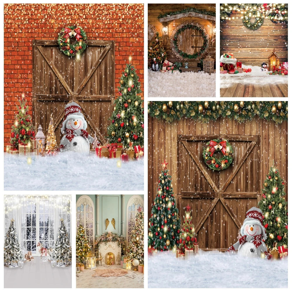 

Christmas Backdrop Xmas Tree Gift Brick Wall Wood Floor Fireplace Winter Snow Baby Family Party Christmas Photography Background