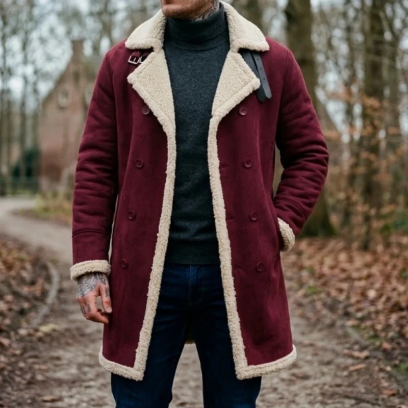New Men's Faux Suede Fur Lined Winter Jacket Windproof Mid-Length Warm Coat Soft Fleece Outdoor Wear Belted Winter Male Jackets
