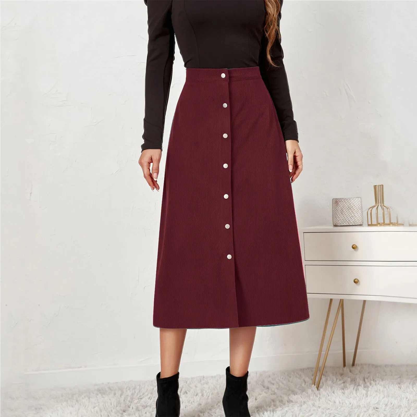 Autumn And Winter Women's Elegant Corduroy Hip Wrap Single Breasted Slim Fit Skirt Versatile Solid Color A Line Long Skirt