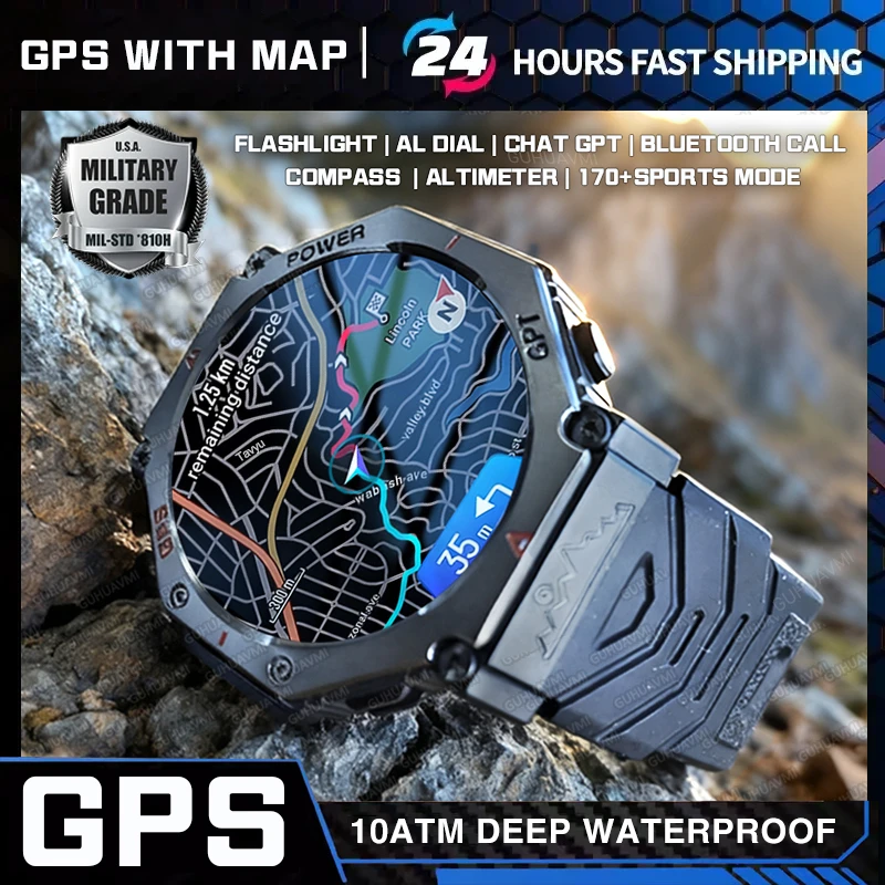 

Новые смарт-часы 2026 года с GPS-трекером, водонепроницаемость 10 АТМ, встроенный двухдиапазонный GNSS, компас, военные, для плавания, спорта на открытом воздухе, с функцией звонков, мужские