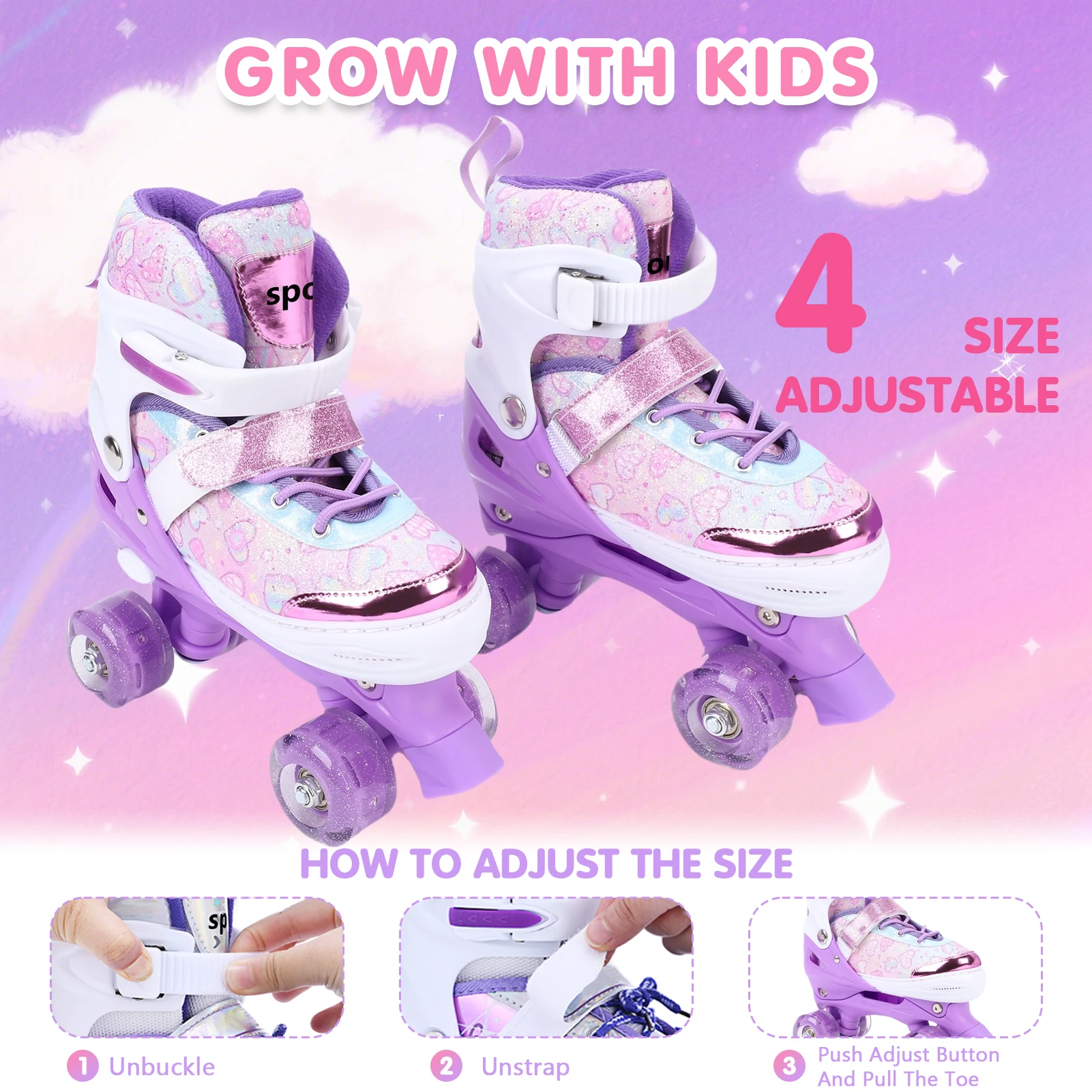 زلاجات دوارة للأطفال البنات من سن 6 إلى 12 إلى 4 مقاسات عجلة وامضة قابلة للتعديل ABEC تحمل حماية ثلاثية للأماكن الخارجية والداخلية #2