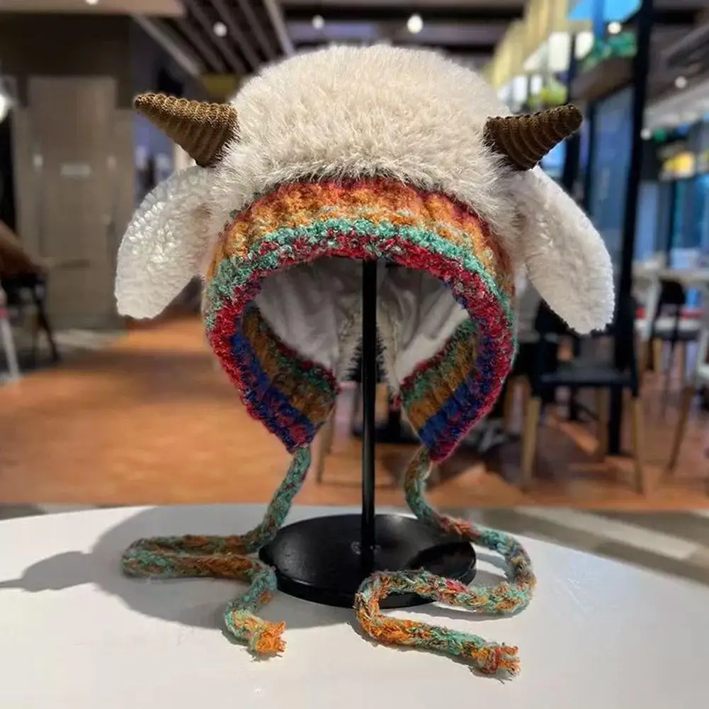 Cute Christmas Antler Hat, 2-in-1 Winter Warm Knitted Reindeer Beanie Beret Plush Earflap Skull Caps Christmas Holiday Dress Up