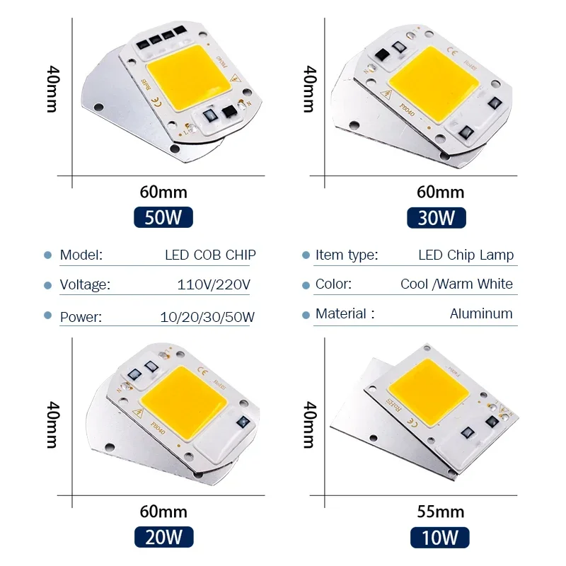 10pcs LED Chip 100W 50W 30W 20W 10W COB Chip LED Lamp AC 220V 110V No Need Driver for Flood Light Spotlight Lampada Lighting