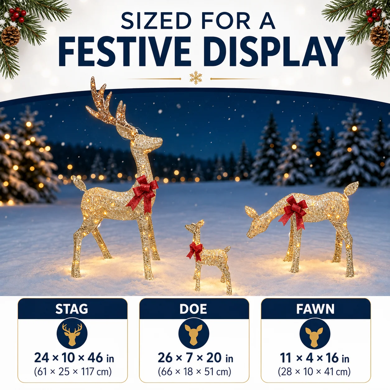 3-Piece Pre-Lit Reindeer Family Christmas Decoration Set, Large Durable Metal Frame with 130 Sparkding LED Lights, Holiday Season Decorations for Christmas Winter Parties, Lawn Garden Patio and Yard Festive Displays, Lighted Holiday Displays