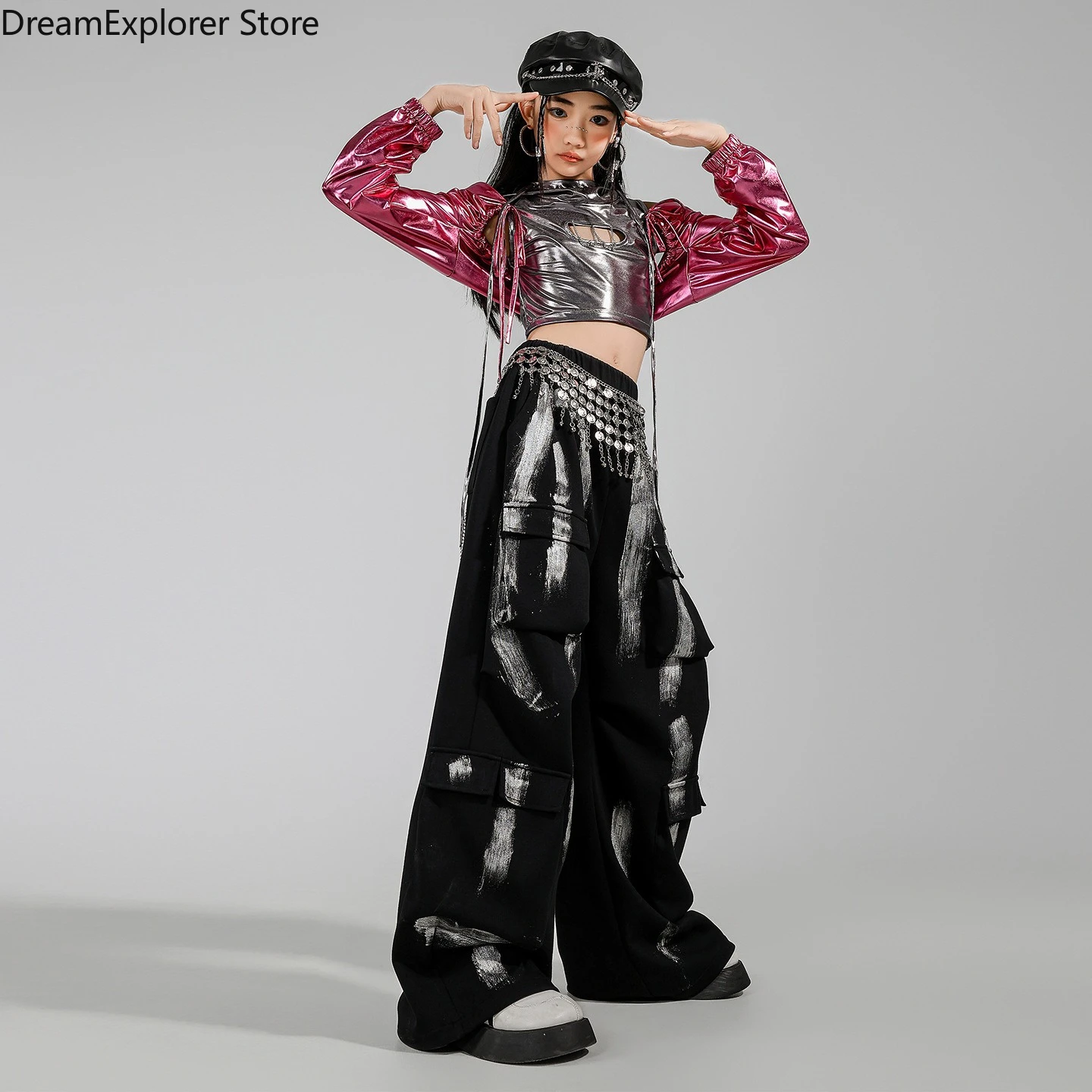Girls K-pop Shiny Crop Top Hoodies Graffiti Cargo Pants Children Jazz Streetwear Clothes Sets Kids Hip Hop Girl Group Costumes
